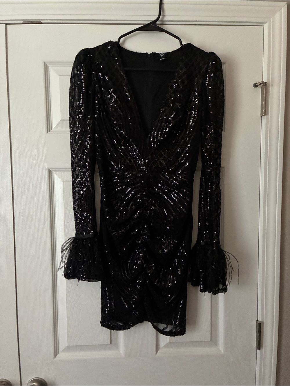 Windsor Black Sequin Long Sleeve V-Neck Dress with Feather Cuffs